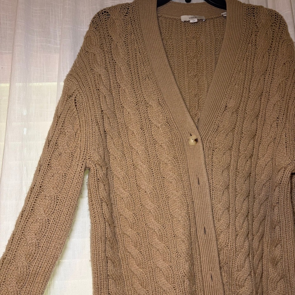 Vince Cardigan Women M Brown Wool Cashmere Cable Knit Oversized Button Sweater - Picture 3 of 5